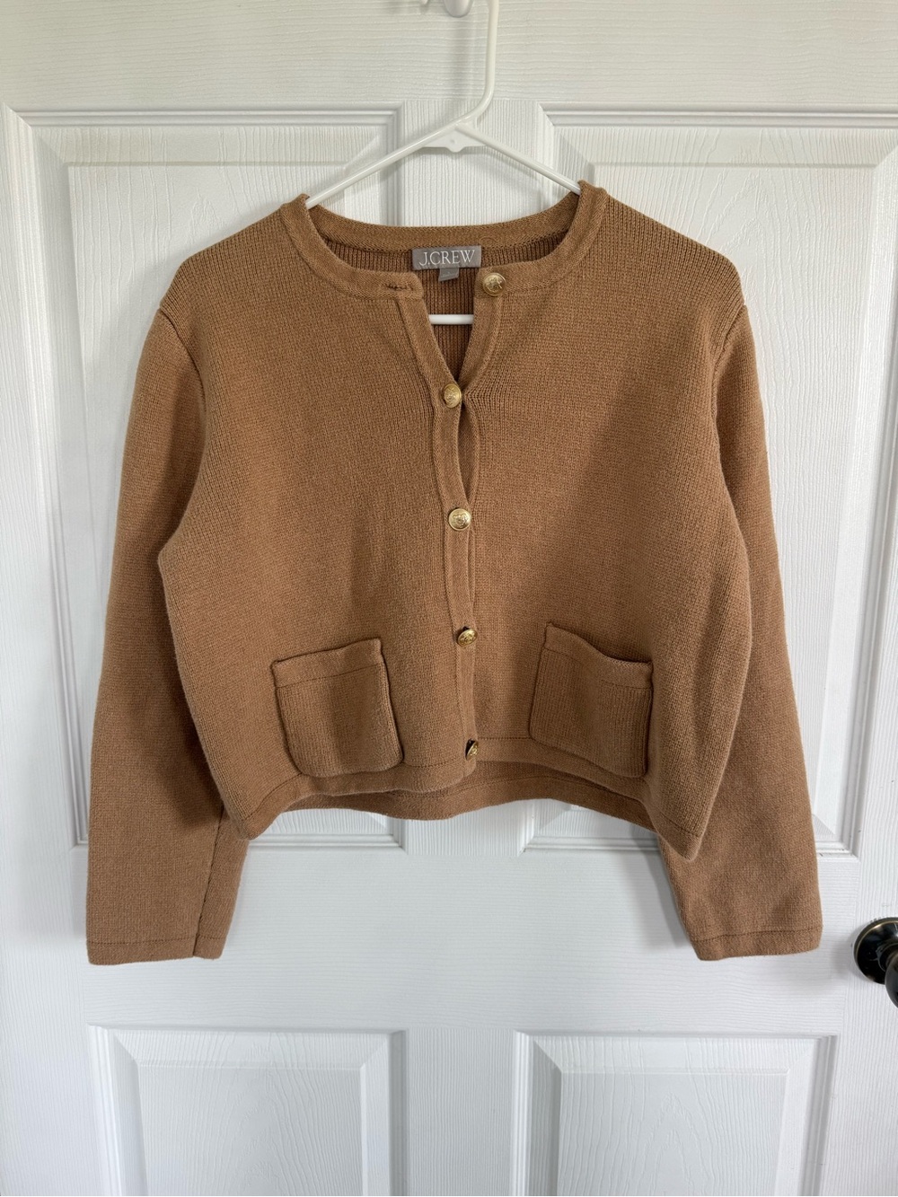 J.Crew Large Brown 100% Cotton Cardigan Gold Crest Buttons Cropped Preppy Fall